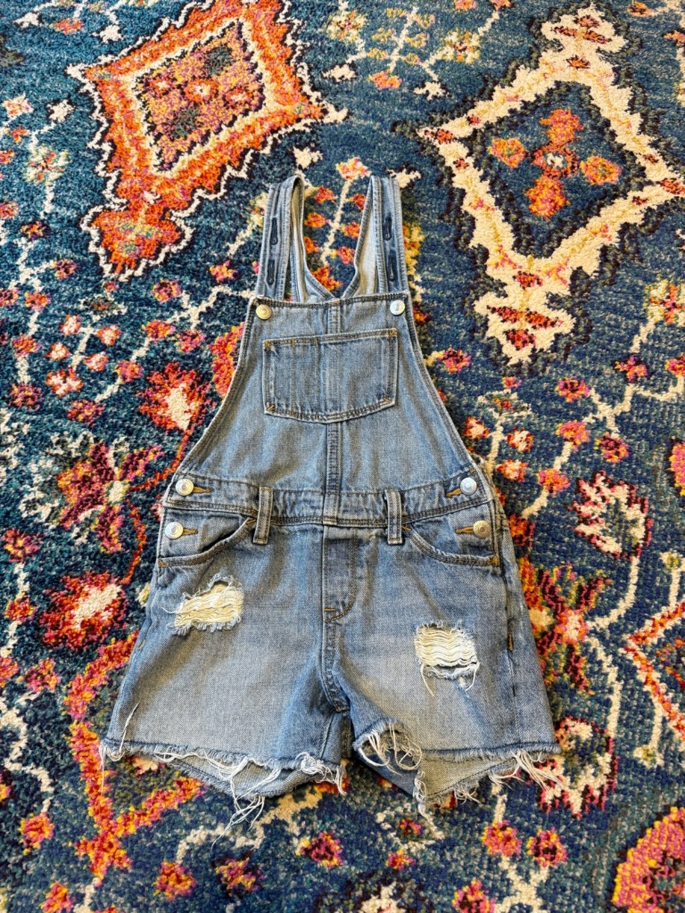 Distressed denim shortalls